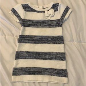 Navy and cream striped sweater dress with bow